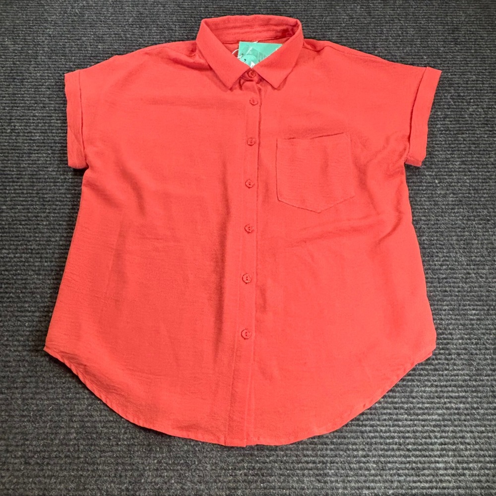Mintreus Womens Coral Orange Short Sleeve Button Down Shirt Pocket Top Size‎ M